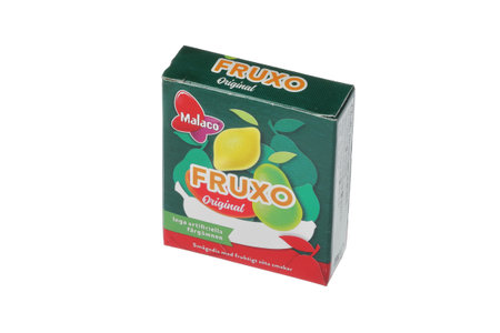 Stockholm, Sweden - April 30, 2023: Small box with Malaco Fruxo candy for the Swedish market isolated on white background.のeditorial素材