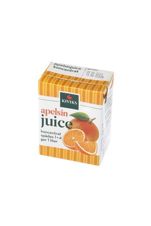 Stockholm, Sweden - April 30, 2023: Kiviks orange juice concentrate in a 2 dl package for the Swedish market isolated on white background.のeditorial素材