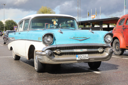 Vasteras, Sweden - July 7, 2023: Front view of a parked 1957 4-door Chevrolet 210 sedan in two-tone paint.のeditorial素材