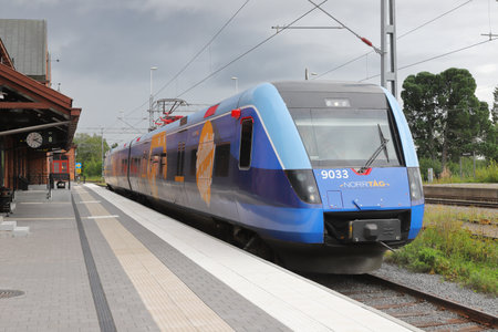 Haparanda, Sweden - August 23, 2023: One class X52 Regina passenger train in service for Norrtag at the Haparanda railroad station.のeditorial素材