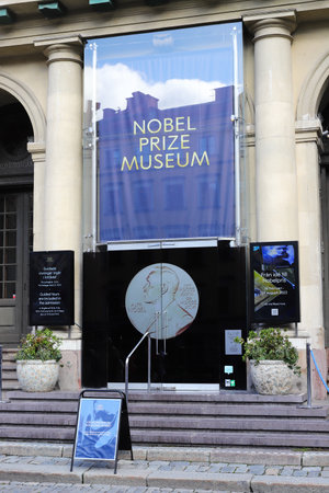 Stockholm, Sweden - August 31, 2023: The entrance to the Nobel Prize Musem located at the Stortorget Square in the Old town district.のeditorial素材