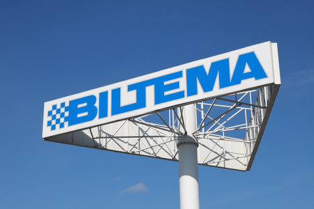 Sodertalje, Sweden - August 5, 2023: The Biltema sign outside the store for automotive parts, tools, and leisure products with stores in Denmark, Finland, Norway and Sweden.のeditorial素材