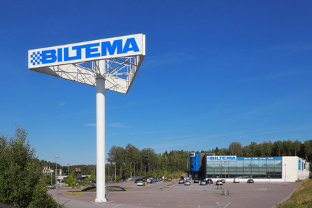 Sodertalje, Sweden - August 5, 2023: The Biltema sign, car park and store at Vasa.のeditorial素材