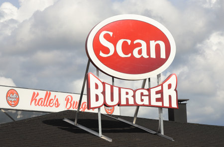 Kemi, Finland - August 23, 2023: The logotype at the Kalles Burger a Scanburger franchise hamburger fast food restataurant.のeditorial素材