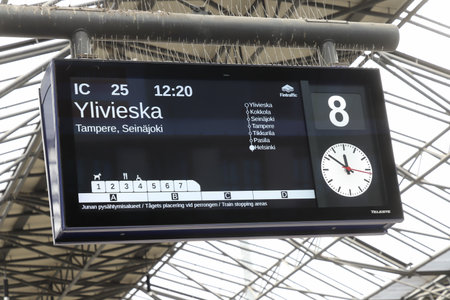 Helsinki, Finland - September 5, 2023: Platform 8 information display at the Helsinki railroad station for the IC 25 train at 12:20 to Ylivieska via Tampere and SeinÃ¤joki.のeditorial素材