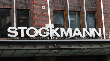 Helsinki, Finland - September 5, 2023: Close-up view of the department store Stockmann sign at the entrance on the Keskuskatu street in downtown Helsinki.のeditorial素材