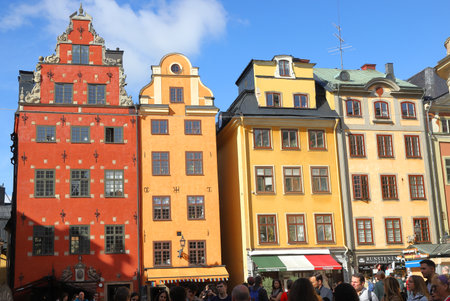 Stockholm, Sweden - August 31, 2023: Old buildings at the Stortorget square in the Stockholm Old town.のeditorial素材