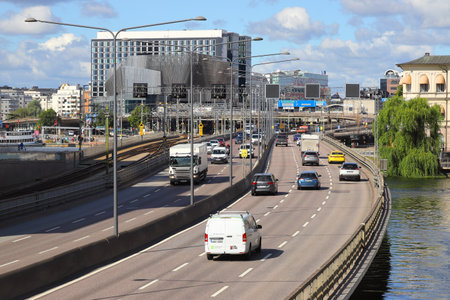 Stockholm, Sweden - August 31, 2023: North bound traffic on the Central bridge in downtown Stockholm.のeditorial素材