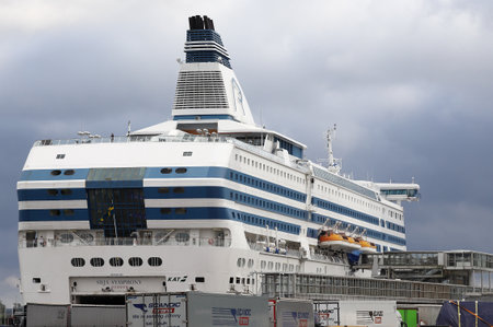 Helsinki, Finland - September 5, 2023: rear view of the crusieferry Silja Symphony, soon leving for Stockholm.のeditorial素材