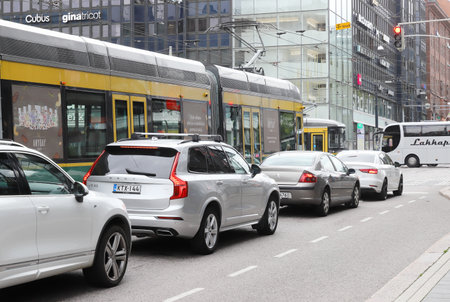 Helsinki, Finland - September 5, 2023: Street view with traffic on the Kaivviokatu street in downtown Helsinki.のeditorial素材