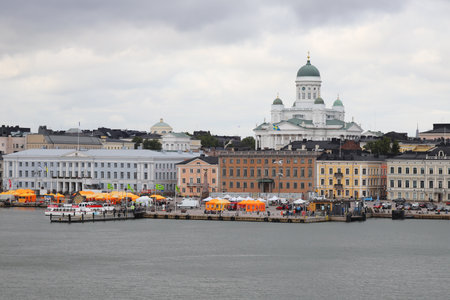 Helsinki,. Finland - September 5, 2023: View of the Helsinki waterfront, chathedral and market square.のeditorial素材