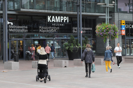 Helsinki, Finland - September 5, 2023: Peeople outside the entrance to the Kamppi shoping center with bus terminal and metro station.のeditorial素材