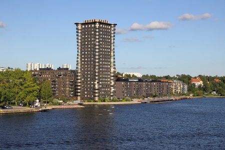 Lidingo, Sweden - September 4, 2023: View of the high-rise landmark apartment building Fyrtornet DalÃ©num constructed during  2018-2020.のeditorial素材