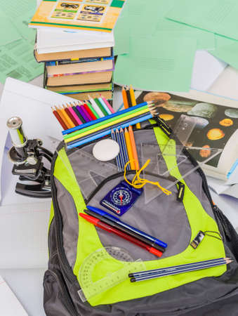 School bag, pencils, pens, eraser, school, rulers, booksの写真素材