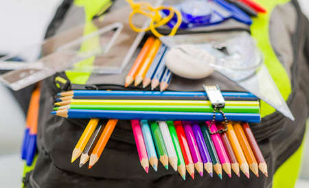School bag, pencils, pens, eraser, school, rulers, books