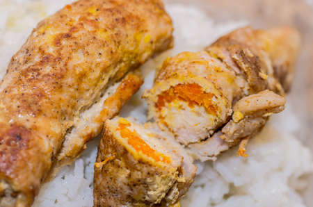 cooking delicious meatloaf stuffed at home with their own handsの写真素材