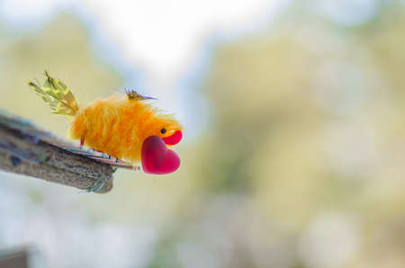 bird with red heart in its beak sitting on his house waiting for your soul mate and is ready to give his belovedの写真素材