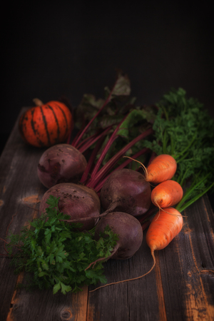 Fresh vegetables and pumpkin a low key in style a rusticの写真素材
