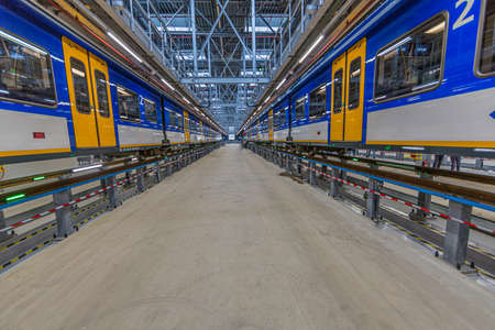 Maastricht, South Limburg / Netherlands, September 30, 2017. Huge hall with local trains or stopping...
