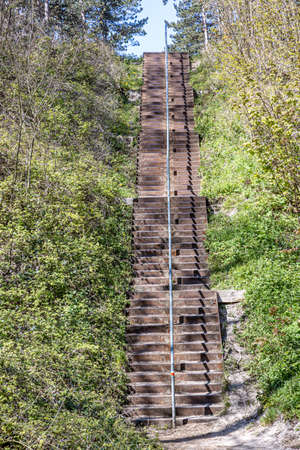 Concrete stairs surrounded by green vegetation on a hill with a metal railing, leading to the...