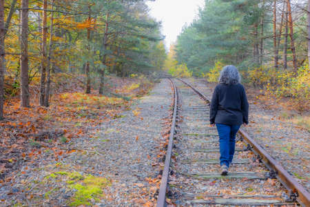 Old Rhine Iron Railway (IJzeren Rijn) with a mature woman with grayish black hair walking on train tracks, back to camera, autumnal trees in the Meinweg nature reserve in Middle Limburg, Netherlandsの写真素材