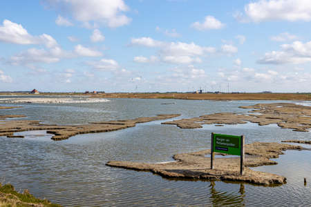 Petten aan Zee, Noord-Holland, Netherlands. April 16, 2021. Safe haven for birds during migration, swamps and puddles at the foot of the Hondsbossche Zeewering, a sign pole with the name of the lagoonのeditorial素材