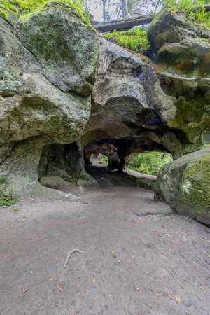 Path in the direction of the rock formation Huel Lee or Hohllay, old quarry, hollow stone, green...
