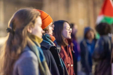 Maastricht, South Limburg, Netherlands. March 8, 2022. International Women's Day. Speeches, demonstration and march against abuse of woman, gender violence and for female rights on the Vrijthofのeditorial素材