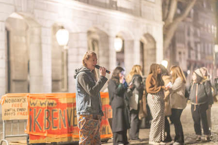 Maastricht, South Limburg, Netherlands. March 8, 2022. International Women's Day. Speeches, demonstration and march against abuse of woman, gender violence and for female rights on the Vrijthofのeditorial素材