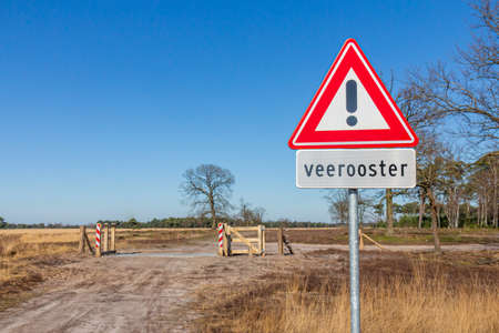 Country path with a road sign indicating caution, inscription below reading: Cattle Grid, trees in the background in the Dutch nature reserve Natuurpoort Vennenhorst in North Brabant, the Netherlandsの写真素材