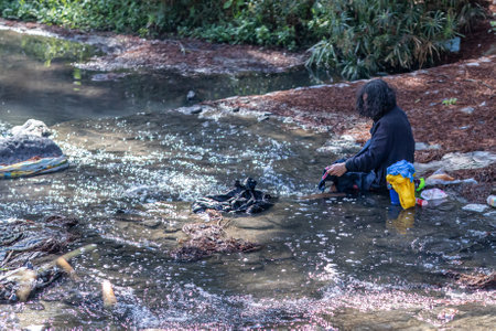 Zapopan, Jalisco Mexico. January 1, 2023. Homeless man sitting on rocks washing his clothes in a river, flowing water, wild green plants in background, big city problemのeditorial素材