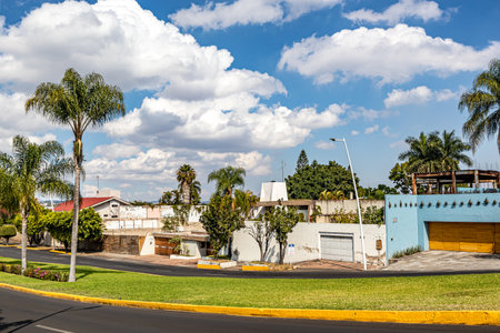 Zapopan, Jalisco Mexico. January 1, 2023. Cityscape with an empty vehicular avenue, median strip or central reservation, facades of residential houses against a blue sky on a sunny day in backgroundのeditorial素材