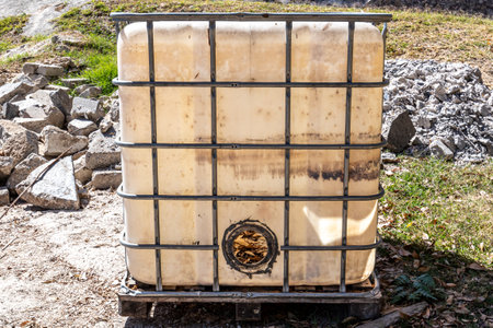 Close-up of an old and broken plastic container warehouse with metal structure on a stony ground with grass in background, illuminated by sunlight, dry leaves inside, sunny day in Mexicoの写真素材