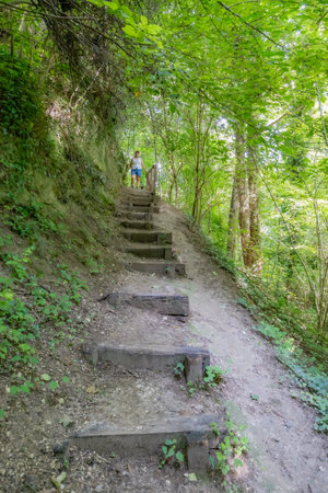 Ecological stairs on a steep slope among leafy trees in Thier de Lanaye nature reserve, female hiker...