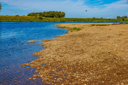 Floodplain with brown ground and stones in Maas river, blue water flowing, Belgian countryside with...
