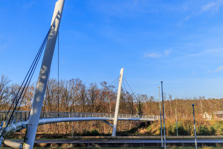 Cable-stayed bridge for bicycles and pedestrians over highway towards Hoge Kempen national park, bare trees against blue sky in background sunny autumn day in As Limburg, Belgiumの写真素材