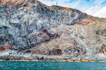 Mexican coastline with eroded slope and volcanic lava rock formations, cacti on top, Coronado Island Protected Area, Loreto Bay National Marine Park in Baja California Sur, Mexicoの写真素材