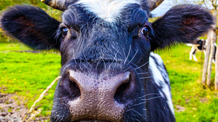 Close-up of nose, eyes, and ears on face of Holstein cow, cattle farm with green pastures in...