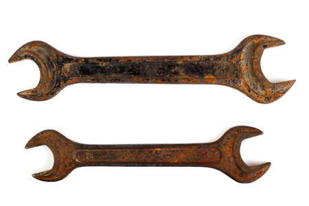 Pair of old wrenches isolated on whiteの写真素材