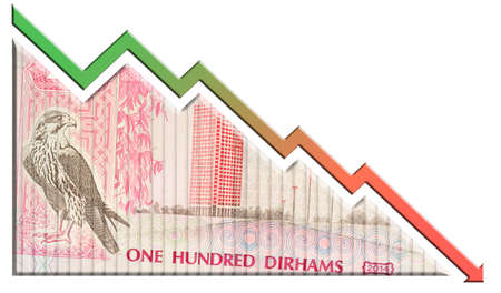A money bill looking like a declining graph with an downward pointing arrow symbolizing economic...