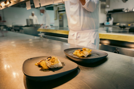 Professional chef carefully plating a gourmet dish in a restaurant kitchen. High-end cuisine with fresh ingredients, precision, and artistic presentationの写真素材