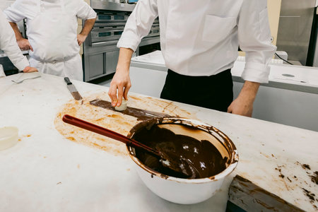 The process of making chocolate cake in the kitchen of the restaurant.