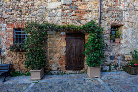 A charming rustic door with greenery and stone wall in a quaint village street.の写真素材