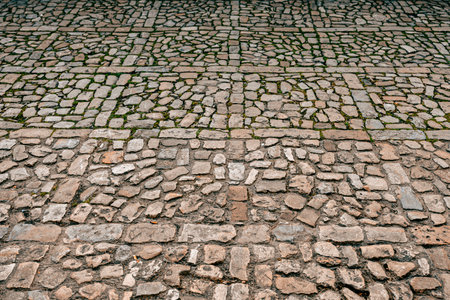 Close-up view of an old cobblestone street leading to a weathered stone wall with small green plants growing between the cracks.の写真素材