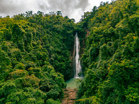 Drone perspective of a tall waterfall cascading into a turquoise pool amid thick jungle vegetation, conveying a sense of isolation and natural beautyの写真素材