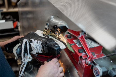 Hockey skate sharpening machine actively grinding blade with visible sparks, showing automated precision equipment used for elite team skate maintenance