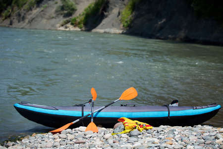 Kayak for rafting on a mountain river, an active sport. Tourism and extreme recreation.の写真素材