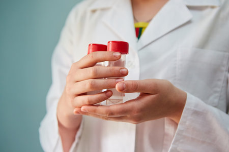 The flask with the analysis of biological material in the hands of the doctor. Concept of medicine and disease prevention.の写真素材