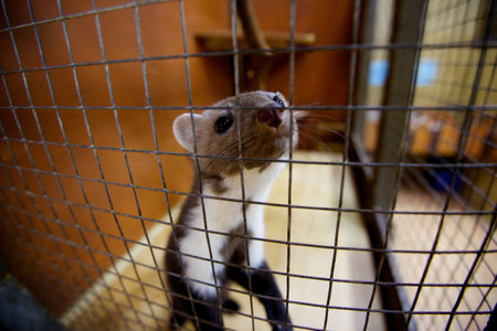 Pet weasel in a cage. Animals in captivity. Protection of fauna and the environment.