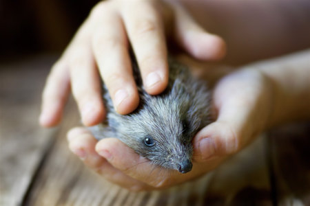Small hedgehog in children's hands on a wooden background.
